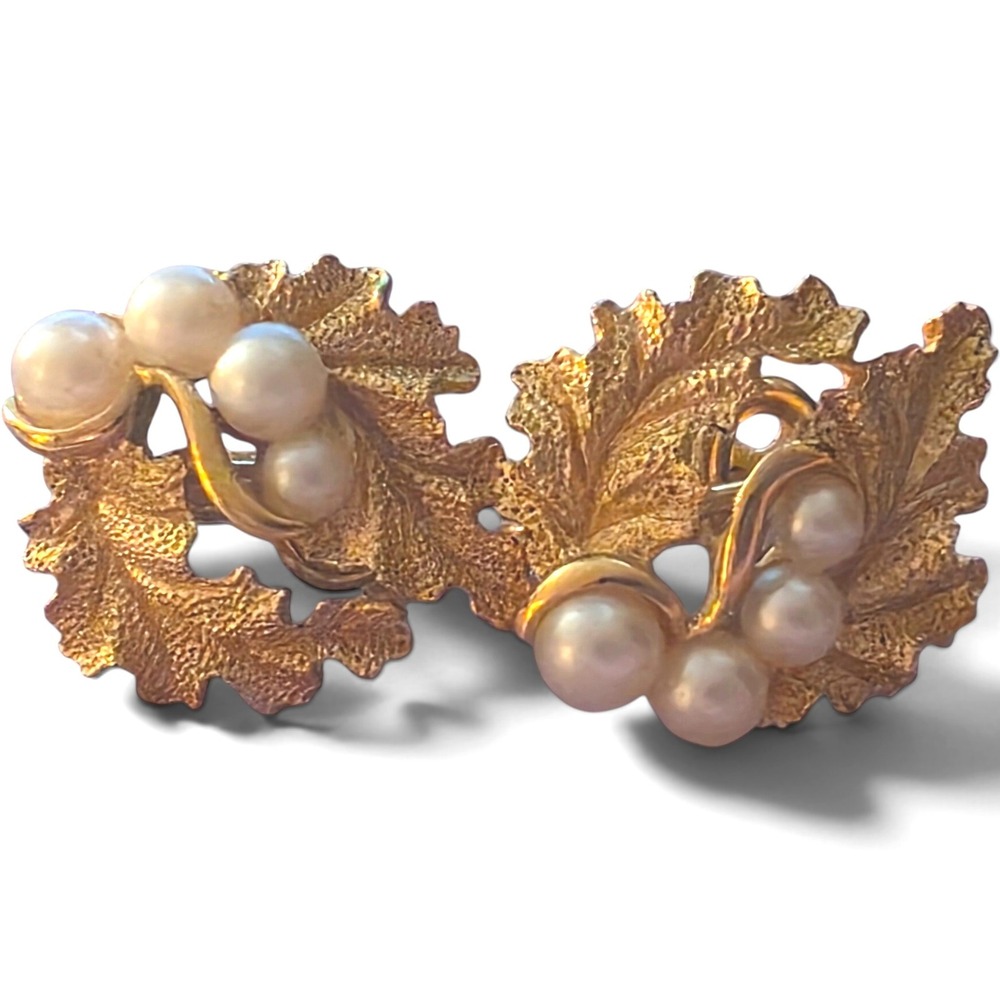 Vintage Crown Trifari Gold-Tone Faux Pearl Oak Leaf Clip-On Earrings